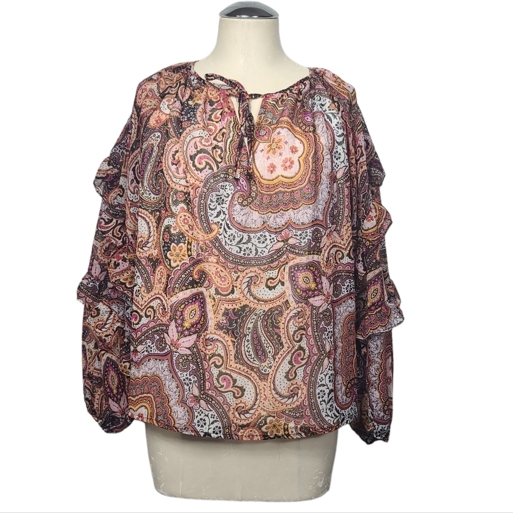 Vince Camuto Paisley Ruffle Long Sleeves Drawstrings Blouse S